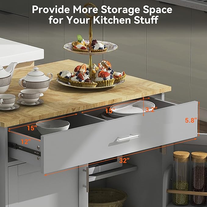 Island with Storage, Rolling Kitchen Cart on Wheels w/Drop Leaf, Internal Cabinet, Adjustable Shelf Towel Rack and Rubber Wood Countertop, for Dining Room, Home, Grey, 39 Inch - LeafyLoom
