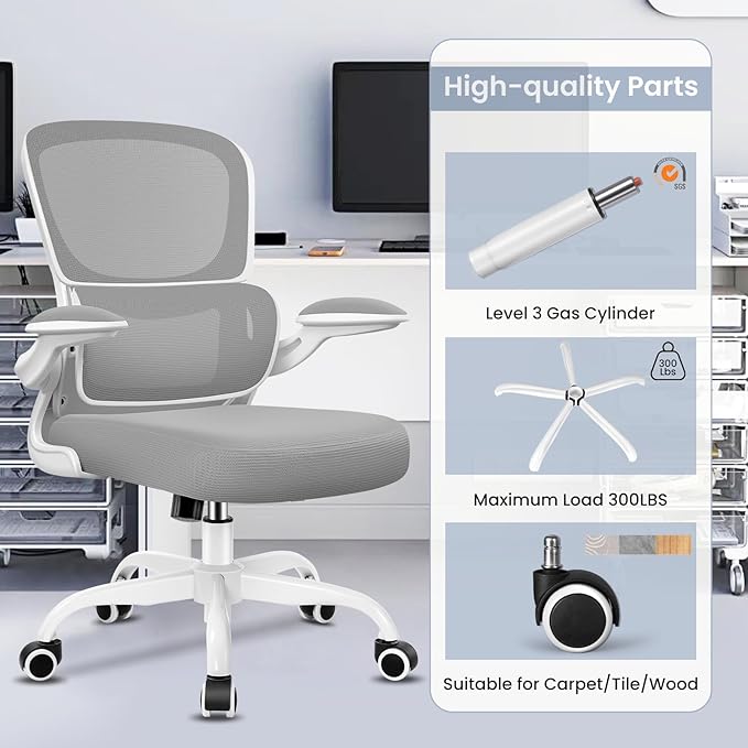 Office Chair, Ergonomic Desk Chair with Lumbar Support and Adjustable Armrests, Comfy Desk Chair Breathable Mesh Mid Back Computer Chair, Reclining Office Chair for Home Office - Light Gray - LeafyLoom