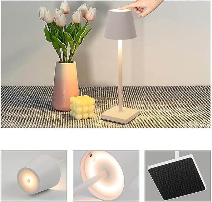 Rechargeable Table Lamp, 3 Color Dimmable Modern Battery Powered Lamp, 5200mAh Touch Cordless LED Desk Lamp for Bedroom Reading Office Bar Cafe Patio (White) - LeafyLoom