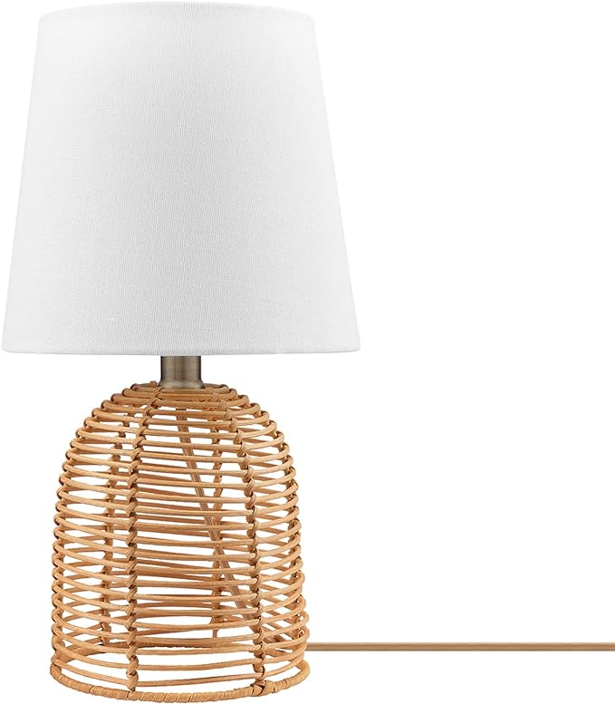 Globe Electric 61000047 14" Table Lamp, Rattan Base, White Linen Shade, On/Off Rotary Switch on Socket, Table Lamp for Living Room, Home Décor, Lamps for Bedroom, Home Improvements, Room Décor - LeafyLoom