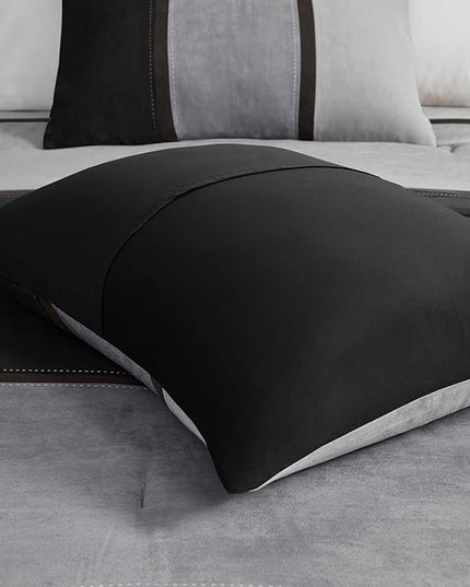 Madison Park Palisades Comforter Set Modern Faux Suede Pieced Stripe Design, All Season Down Alternative Cozy Bedding with Matching Shams, Decorative Pillows, Queen(90"x90"), Black 7 Piece - LeafyLoom