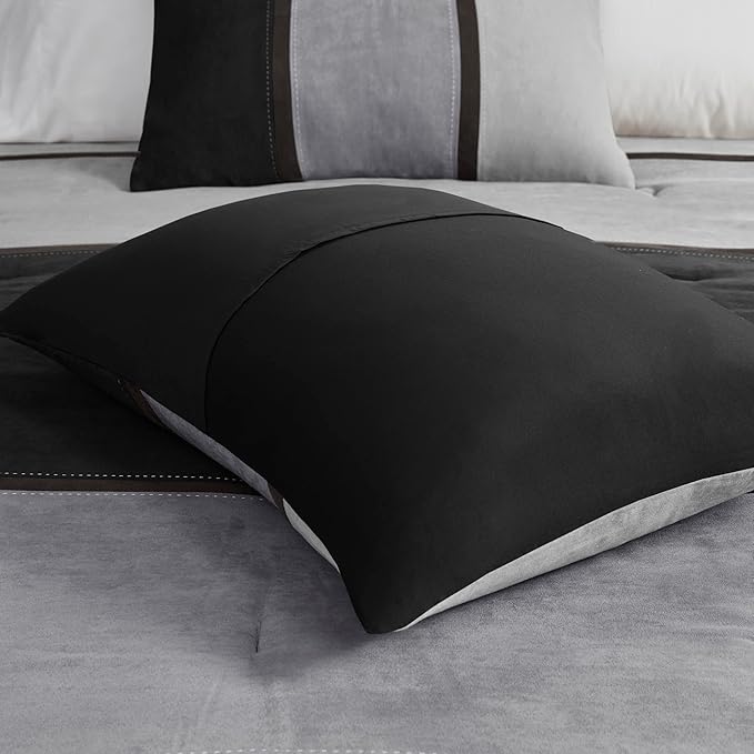 Madison Park Palisades Comforter Set Modern Faux Suede Pieced Stripe Design, All Season Down Alternative Cozy Bedding with Matching Shams, Decorative Pillows, Queen(90"x90"), Black 7 Piece - LeafyLoom