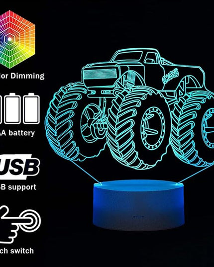 3D Lamp for Child Monster Truck Series Nightlamp Bedside Lamps 7 Colors Illusion for Child Night Light Lamps for Child Room Lamp As Gift Ideas for Boys or Kids - LeafyLoom
