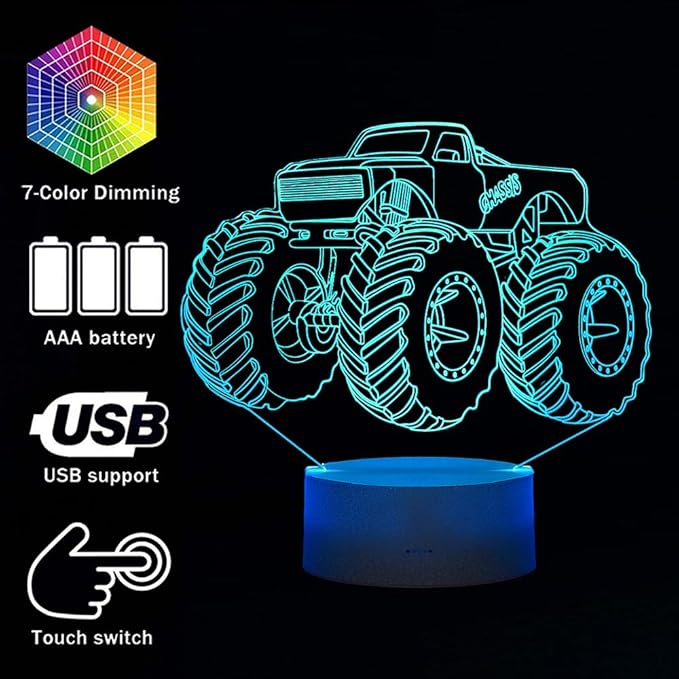 3D Lamp for Child Monster Truck Series Nightlamp Bedside Lamps 7 Colors Illusion for Child Night Light Lamps for Child Room Lamp As Gift Ideas for Boys or Kids - LeafyLoom