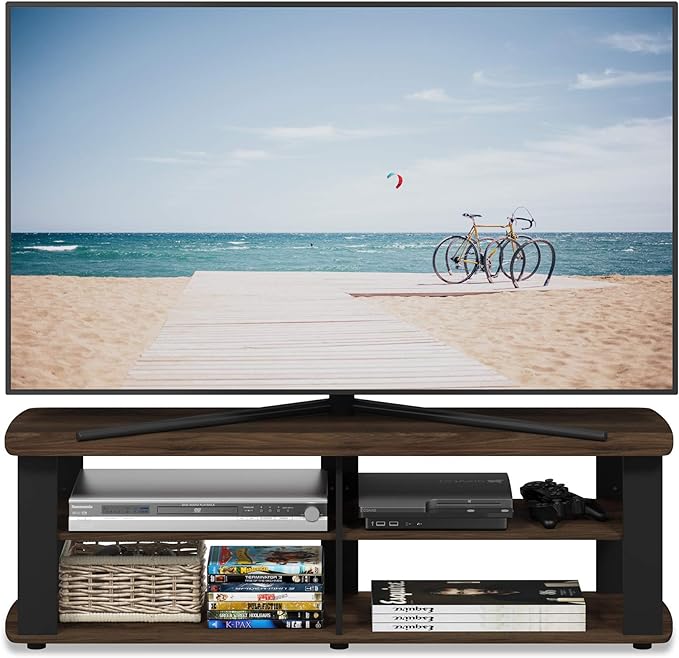 FURINNO Nelly Entertainment Center TV Stand, Short 43.3"(W) x13.4(H) x13.1(D), Columbia Walnut/Black - LeafyLoom