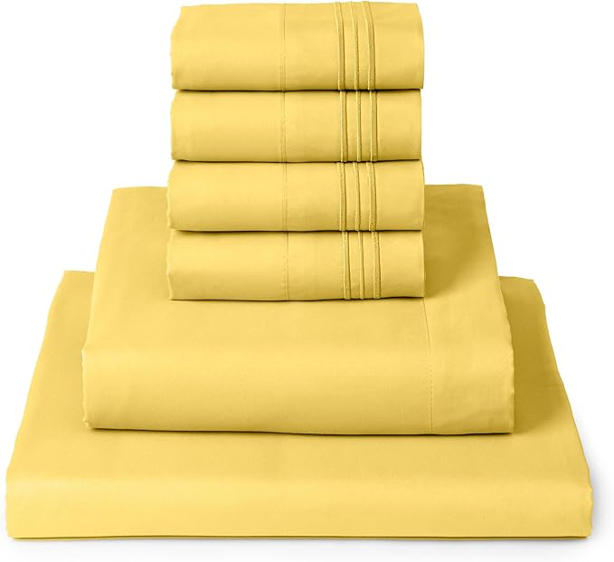 Mellanni California King Sheets Set - 6 PC Iconic Collection Bedding Sheets & Pillowcases - Ultra Soft, Cooling Bed Sheets - Deep Pocket up to 16 inch - 6 PC (Cal King, Yellow w/Extra Pillow Cases) - LeafyLoom