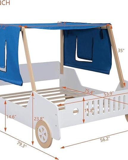 Full Size Kids Car Bed with Tent Canopy & Wheels,Wood Bedframe W/Safty Grille,Raised Base Design,Easy Assembly,Toddler Boys Car-Shaped Bedroom Beds for Reading Playing Relaxing,White+Natural - LeafyLoom