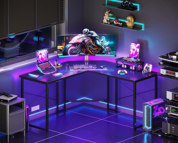 Casaottima L Shaped Gaming Desk with Monitor Stand, Corner Desk Gaming Table for Home Office, Computer Desk Sturdy Writing Workstation for Small Space, 51 inch, Black - LeafyLoom