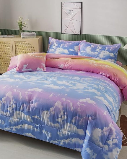 PERFEMET White Cloud Print Girls Comforter Set Queen Size 6 Pieces Teen Girl Tie Dye Bedding Set Colorful Rainbow Bed in A Bag Comforter Set with Sheets - LeafyLoom