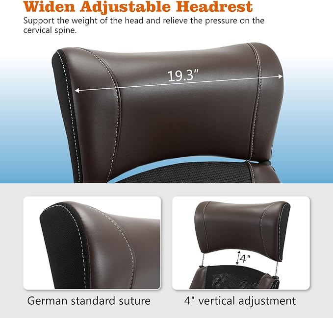 Home Office Chair, Ergonomic Desk Chair with Lumbar Support, Faux PU Leather Cushion Mid Back Mesh Executive Computer Chair-Adjustable Headrest, Armrest, Height for Home Office Gaming, Brown - LeafyLoom