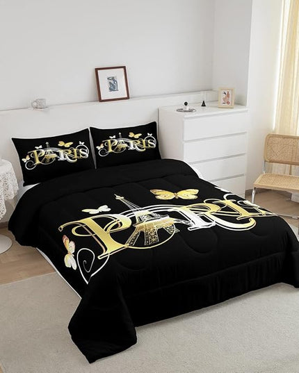 Eiffel Tower Comforter Chic Paris Theme Bedding Set for Kids Boys Girls Butterfly Paris Cityscape Printed Comforter Set Modern French Style Duvet Set Golden Black Bedroom Decor Quilt Set Full Size - LeafyLoom