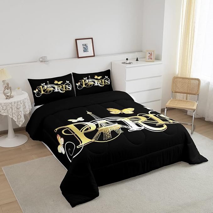 Eiffel Tower Comforter Chic Paris Theme Bedding Set for Kids Boys Girls Butterfly Paris Cityscape Printed Comforter Set Modern French Style Duvet Set Golden Black Bedroom Decor Quilt Set Full Size - LeafyLoom