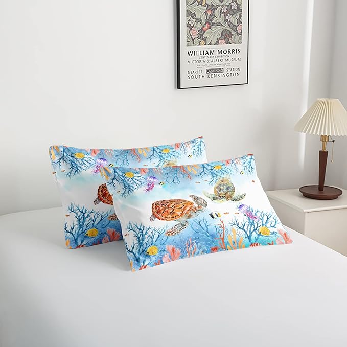 CVHOUSE Sea Turtle Comforter Set,Ocean Watercolor Sea Turtle Bedding Set for Kids Teens,Ocean Sea Turtle Comforter Sea Turtle Duvet Set Room Decor Quilt Set Queen Size - LeafyLoom