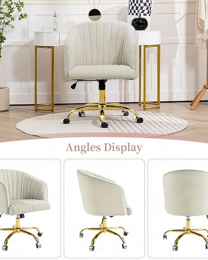 Velvet Office Desk Chair, Modern Home Office Chair with Swivel Gold Base, Comfy Vanity Desk Chair with Upholstered Back, Height Adjustable Computer Desk Chair for Home Office Bedroom Study, Ivory - LeafyLoom