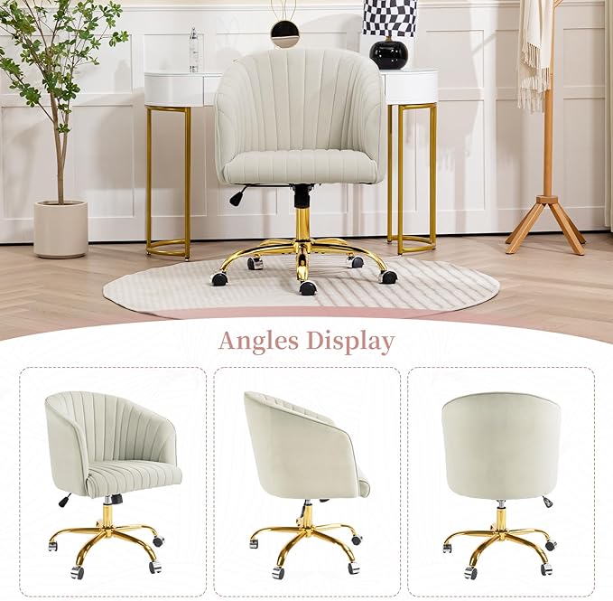 Velvet Office Desk Chair, Modern Home Office Chair with Swivel Gold Base, Comfy Vanity Desk Chair with Upholstered Back, Height Adjustable Computer Desk Chair for Home Office Bedroom Study, Ivory - LeafyLoom