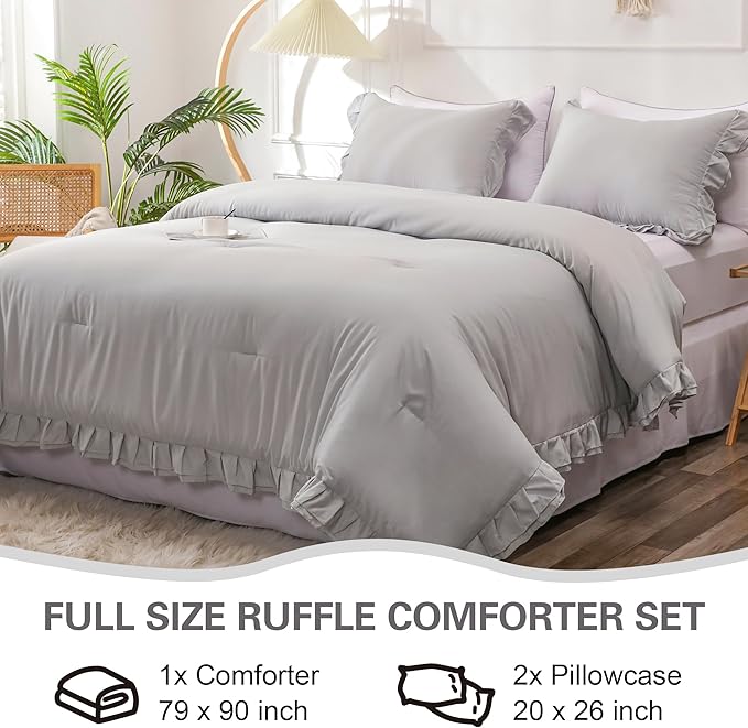 Gray Double Ruffle Comforter Set Full Size (79x90 Inch), 3 Pcs Grey Farmhouse Vintage Comforter Set (1 Ruffled Comforter and 2 Pillowcase), Rustic All Season Down Alternative Bedding Set - LeafyLoom