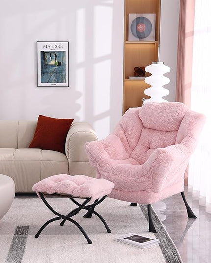 Lazy Chair with Ottoman, Modern Accent Chair Contemporary Lounge Leisure Upholstered Sofa Chair Set with Armrests, Reading Chair for Living Room, Bedroom, Office, Plush Pink - LeafyLoom