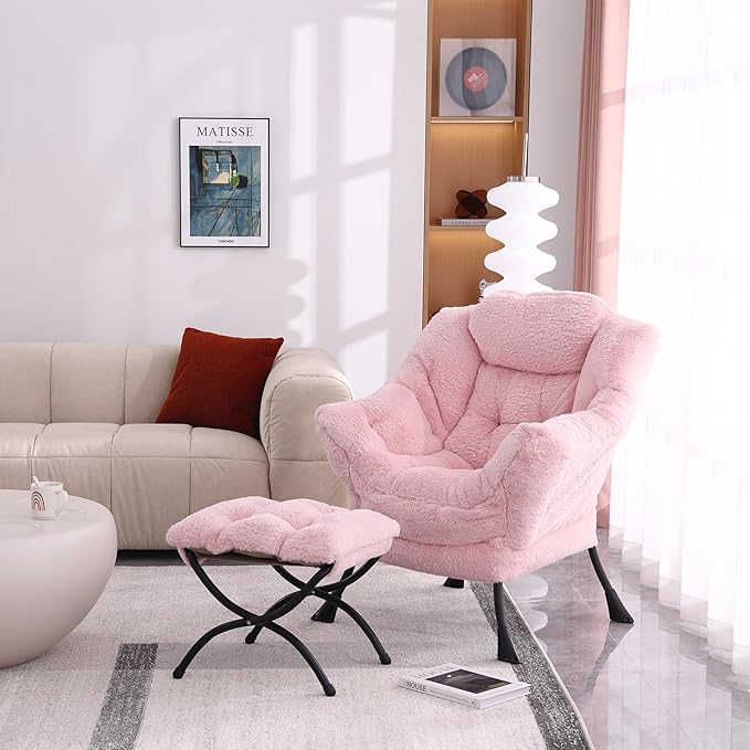 Lazy Chair with Ottoman, Modern Accent Chair Contemporary Lounge Leisure Upholstered Sofa Chair Set with Armrests, Reading Chair for Living Room, Bedroom, Office, Plush Pink - LeafyLoom