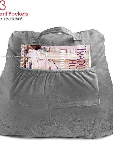 Clara Clark Reading Pillow, Standard Back Pillow for Sitting Up in Bed, Memory Foam Back Support Pillow, Reading Pillows for Sitting in Bed, Grey Sit Up Pillow for Bed Chair Arm Pillow with Pockets - LeafyLoom