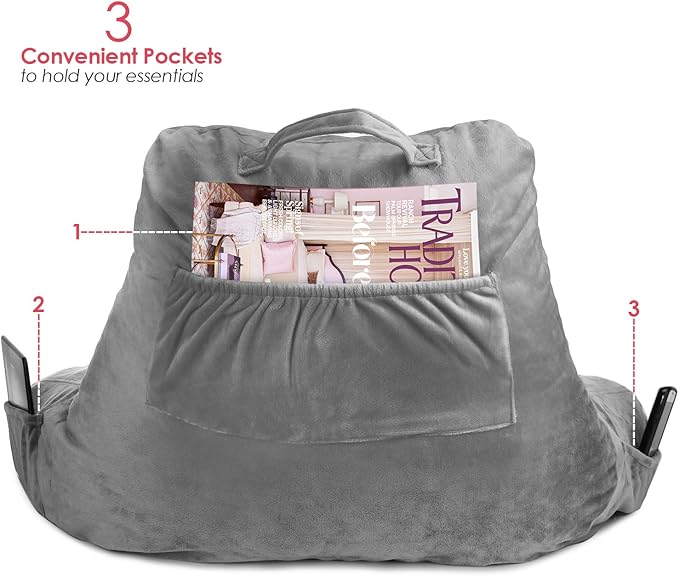 Clara Clark Reading Pillow, Standard Back Pillow for Sitting Up in Bed, Memory Foam Back Support Pillow, Reading Pillows for Sitting in Bed, Grey Sit Up Pillow for Bed Chair Arm Pillow with Pockets - LeafyLoom