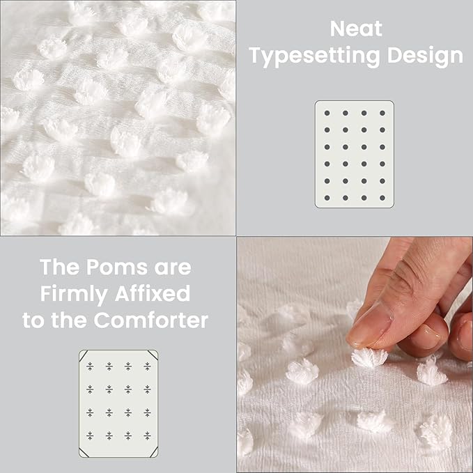 ENJOHOS Girls Queen Comforter Bedding Set White, 3 PCS Boho Comforter with Tufted Dots, Shabby Chic Bedding Comforter for All Season, Lightweight Fluffy Microfiber Comforter with 2 Pillowcases - LeafyLoom