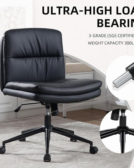 Armless Office Chair with Wheels Wide Desk Chair Leather Mid Back Accent Chair Padded Swivel Vanity Chair for Girl Women Computer Task Chair for Home Office (Leather, Black) - LeafyLoom