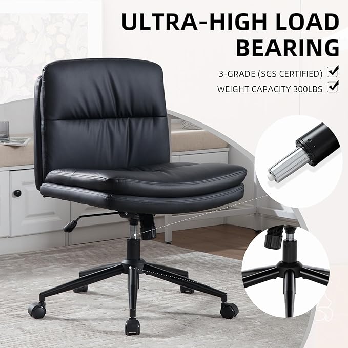 Armless Office Chair with Wheels Wide Desk Chair Leather Mid Back Accent Chair Padded Swivel Vanity Chair for Girl Women Computer Task Chair for Home Office (Leather, Black) - LeafyLoom