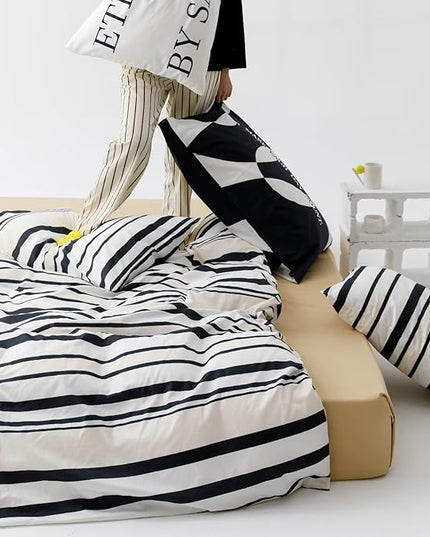 Striped Comforter Set California King Black White Comforter Men Women Modern Chic Stripes Bed Comforter Beige Black Striped Cal King Ticking Bedding Comforter All Season Hotel Quality Bed Set - LeafyLoom