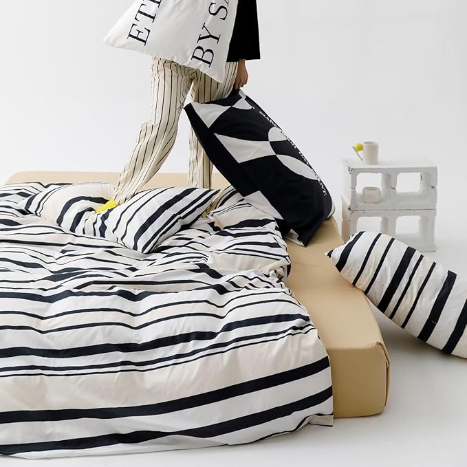 Striped Comforter Set California King Black White Comforter Men Women Modern Chic Stripes Bed Comforter Beige Black Striped Cal King Ticking Bedding Comforter All Season Hotel Quality Bed Set - LeafyLoom