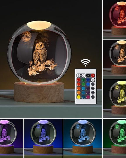 Large 3D Owl Crystal Ball Night Light, Owl Figurines in Crystal Lamp 16 Color Changing with Remote Control for Bedroom Decor, for Teens Boys and Girls, Owl - LeafyLoom