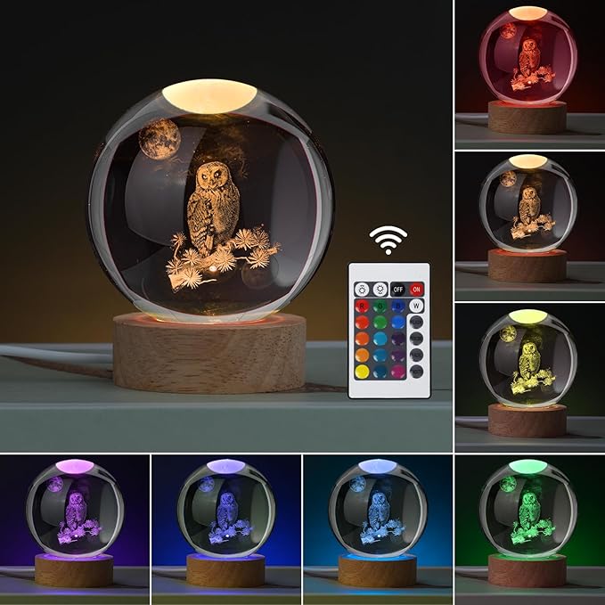 Large 3D Owl Crystal Ball Night Light, Owl Figurines in Crystal Lamp 16 Color Changing with Remote Control for Bedroom Decor, for Teens Boys and Girls, Owl - LeafyLoom