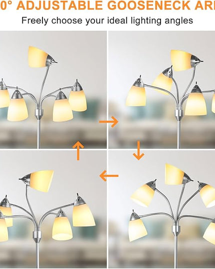DINGLILIGHTING Floor Lamp Tall for Room: Flexible Gooseneck Floor Lamps Standing for Bedroom Home Office - Modern Floor Lights Silver 5-Light - LeafyLoom