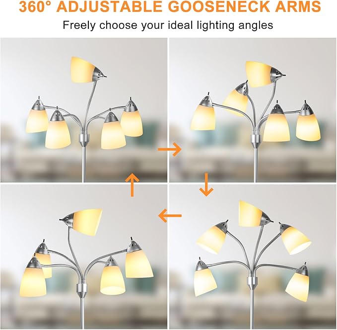 DINGLILIGHTING Floor Lamp Tall for Room: Flexible Gooseneck Floor Lamps Standing for Bedroom Home Office - Modern Floor Lights Silver 5-Light - LeafyLoom