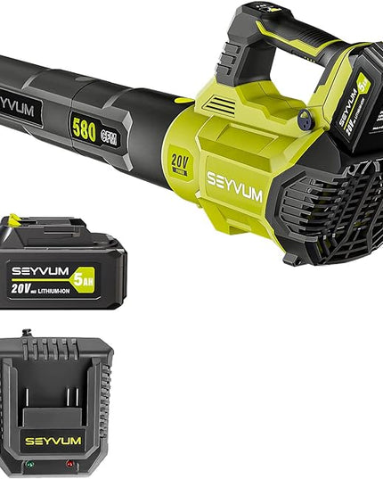 SEYVUM 580CFM MAX Leaf Blower Cordless with 5.0 Battery & Fast Charger, 3-Speed Dial 20V Electric Leaf Blower for Lawn Care, Battery Powered Leaf Blower Lightweight for Patio, Yard, Snow - LeafyLoom