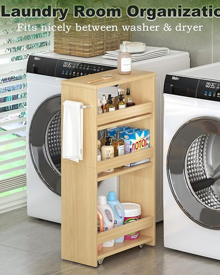 MARTY Rolling Storage Cart 7.9" W, 4-Tier Narrow Kitchen Cart on Wheels Laundry Room Organization with Handle Mobile Shelving Utility Cart Multi-Functional Trolley for Kitchen Bathroom (Maple) - LeafyLoom