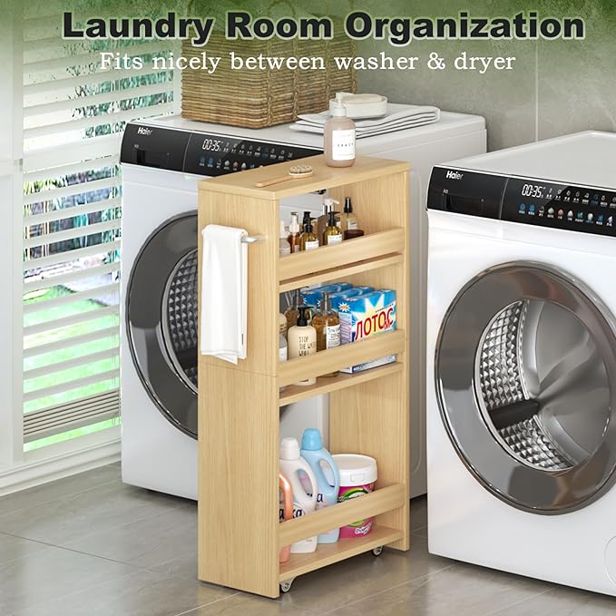MARTY Rolling Storage Cart 7.9" W, 4-Tier Narrow Kitchen Cart on Wheels Laundry Room Organization with Handle Mobile Shelving Utility Cart Multi-Functional Trolley for Kitchen Bathroom (Maple) - LeafyLoom