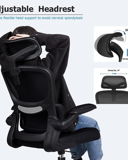 Ergonomic Office Chair, High Back Mesh Desk Chair with Lumbar Support and Adjustable Headrest, Computer Task Chair with Flip-up Armrests, Swivel Executive Chairs for Home Office (Black) - LeafyLoom