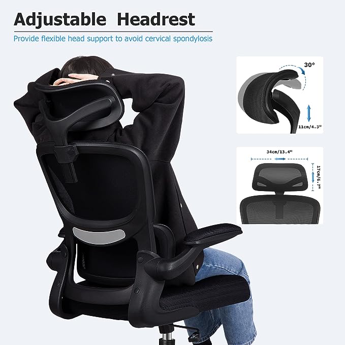 Ergonomic Office Chair, High Back Mesh Desk Chair with Lumbar Support and Adjustable Headrest, Computer Task Chair with Flip-up Armrests, Swivel Executive Chairs for Home Office (Black) - LeafyLoom