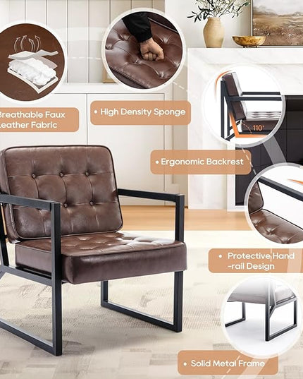 COLAMY Mid Century Modern Accent Chair Set of 2, Comfy Living Room Chair, Brown Leather Accent Chair, Faux Leather Reception Armchair with Metal Legs for Living Room Bedroom Reception Office, Brown - LeafyLoom