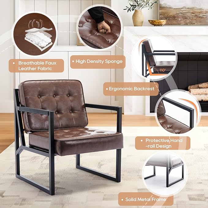 COLAMY Mid Century Modern Accent Chair Set of 2, Comfy Living Room Chair, Brown Leather Accent Chair, Faux Leather Reception Armchair with Metal Legs for Living Room Bedroom Reception Office, Brown - LeafyLoom
