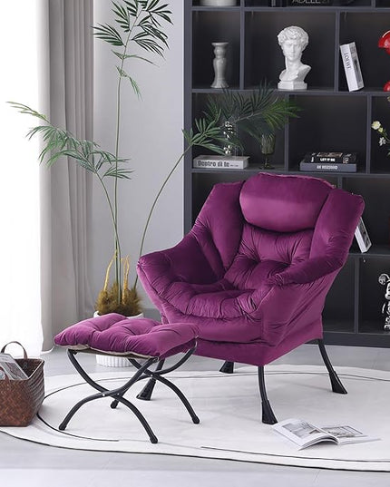 Lazy Chair with Ottoman, Modern Accent Chair Contemporary Lounge Leisure Upholstered Sofa Chair Set with Armrests, Reading Chair for Living Room, Bedroom, Office, Dark Purple - LeafyLoom