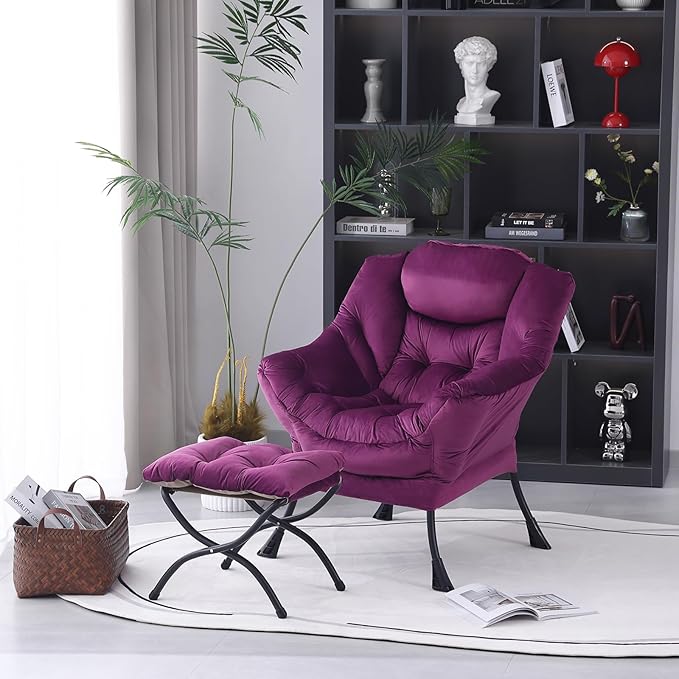 Lazy Chair with Ottoman, Modern Accent Chair Contemporary Lounge Leisure Upholstered Sofa Chair Set with Armrests, Reading Chair for Living Room, Bedroom, Office, Dark Purple - LeafyLoom