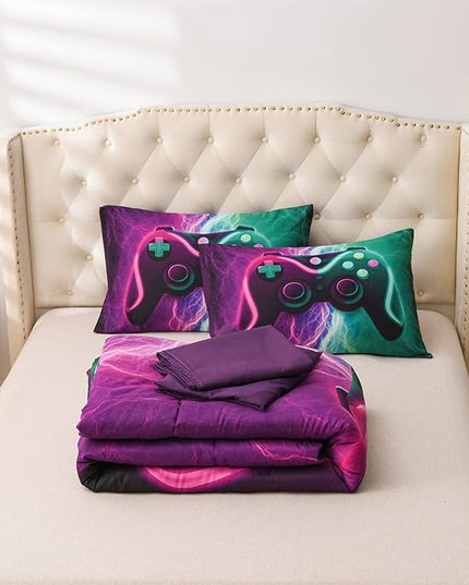 Meeting Story Gamer Gaming Bedding Sets Black Pink Lightnings Gamepad Comforter Set for Boys Games Console Action Buttons Novelty Colorful Modern Room Decor Home Quilt Set (Green-Purple, Twin 5Pcs) - LeafyLoom