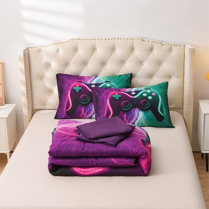 Meeting Story Gamer Gaming Bedding Sets Black Pink Lightnings Gamepad Comforter Set for Boys Games Console Action Buttons Novelty Colorful Modern Room Decor Home Quilt Set (Green-Purple, Twin 5Pcs) - LeafyLoom