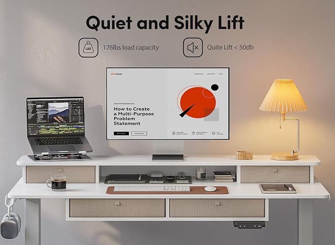 BANTI Height Adjustable Electric Standing Desk with 4 Drawers, 48 x 24 Inch Table with Storage Shelf, Sit Stand Desk, White Top - LeafyLoom