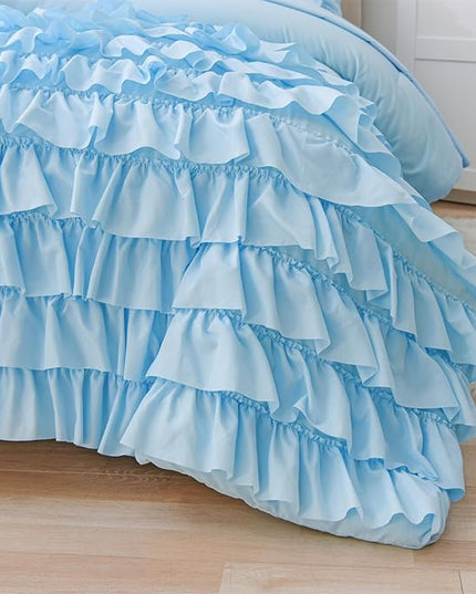 A Nice Night Waterfall Flutter Ruffle Comforter Set,Ruffled Textured Soft Chic Princess 6pcs Bedding Set,with Bling Shiny Sequin Throw Pillow Case,Blue,Full - LeafyLoom