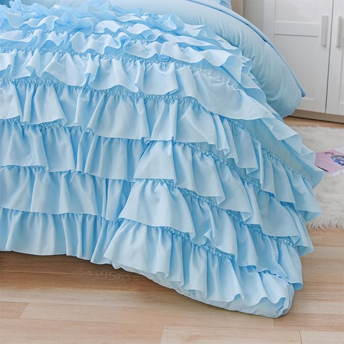 A Nice Night Waterfall Flutter Ruffle Comforter Set,Ruffled Textured Soft Chic Princess 6pcs Bedding Set,with Bling Shiny Sequin Throw Pillow Case,Blue,Full - LeafyLoom