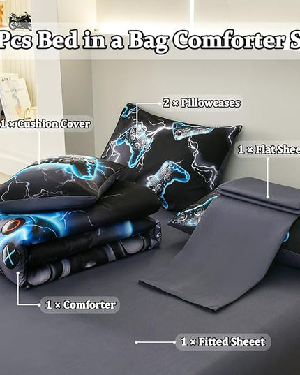 Game Console Full Comforter Set with Sheets, Microfiber 6 Pcs Bed in A Bag Full Size Gamer Bedding Set for Boys Kids Teens - LeafyLoom