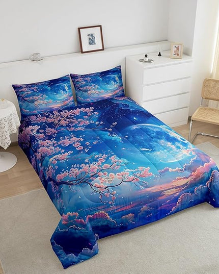 Manfei Cherry Blossoms Comforter Set Queen Size,Moonnight Cloud Starry Sky Bedding Set,Girls Women Room Decor,Sakura Flowers Chinese Style Down Comforter,Pink Blue Romantic Duvet Insert,2 Pillowcases - LeafyLoom