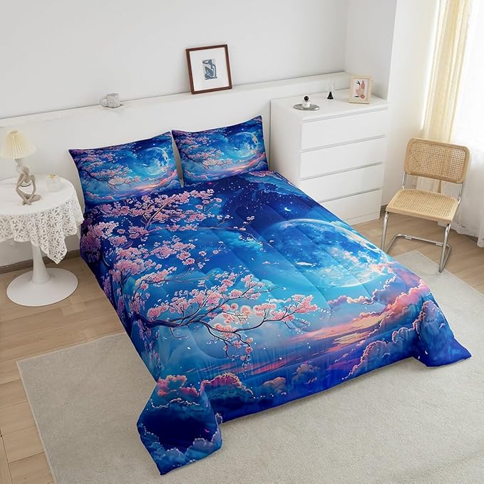 Manfei Cherry Blossoms Comforter Set Queen Size,Moonnight Cloud Starry Sky Bedding Set,Girls Women Room Decor,Sakura Flowers Chinese Style Down Comforter,Pink Blue Romantic Duvet Insert,2 Pillowcases - LeafyLoom